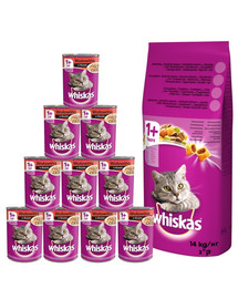 WHISKAS Adult hovězí 14 kg + WHISKAS Hovězí v omáčce 400 g x 24