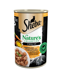 SHEBA konzerva 400 g Nature's Collection s krůtím masem, kuřecími srdíčky a rybím olejem s mrkvovou oblohou v terině