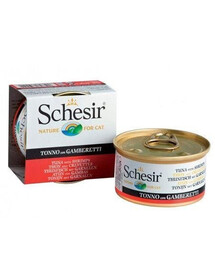 Schesir krmivo pro kočky tuňák v konzervě s krevetami v želé 85g