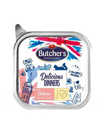 Butcher's Delicious Dinners, kousky s lososem v omáčce paštika pro kočky 100 g