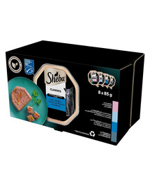 SHEBA Classics Podnosy Fish Flavors 8x85 g v terině s lososem, bílou rybou a mrkví, tuňákem a zeleninou, treska