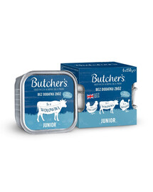 BUTCHER'S Original Junior Mix Příchutí 4x150 g paštika pro štěňata  s kuřecím, hovězím a krůtím masem