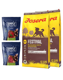 JOSERA Festival 2x12,5kg + SIMPLY FROM NATURE Klobásky pro psy s jelením masem 2x200 g