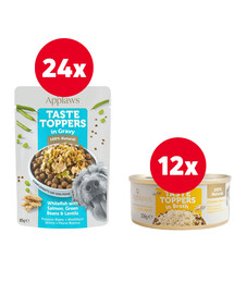 APPLAWS Taste Toppers Bílá ryba, losos, hrášek a čočka 24 x 85g + Taste Toppers Kuřecí prsa ve vývaru 12 x 156 g ZDARMA