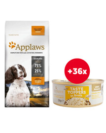 APPLAWS Dog Adult Small & Medium Breed Chicken 15 kg + Taste Toppers Kuřecí prsa ve vývaru 36x156g ZDARMA