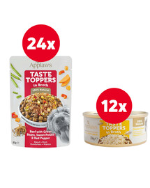 APPLAWS Taste Toppers Hovězí maso, zelené fazolky, paprika 24x 85 g +Taste Toppers Kuřecí prsa ve vývaru 12x156 g ZDARMA