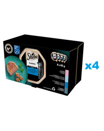 SHEBA Classics Rybí Smaki 32x85 g kompletní krmivo pro dospělé kočky v terině s lososem, bílou rybou a mrkví, tuňákem a zeleninou, treska