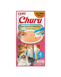 INABA Churu Cat Salmon with Scallop 4x14g krémová kočičí pochoutka s příchutí lososa a hřebenatky