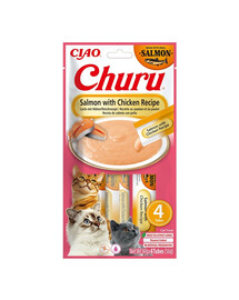INABA Churu Cat Salmon with Chicken 4x14g krémová kočičí pochoutka s příchutí lososa a kuřecího masa