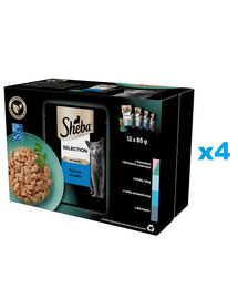 SHEBA Selection Rybí příchutě kapsičky 48x85 g kompletní krmivo pro dospělé kočky v omáčce, kousky lososa a černé tresky, bílé ryby, mořské ryby, treska