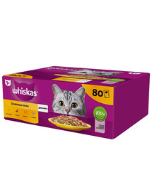 WHISKAS Adult 80x85g Kompletní mokré krmivo pro dospělé kočky v želé, kousky s kuřecím, kachním, drůbežím a krůtím masem