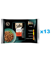 SHEBA Selection šťavnaté Smaki kapsičky 52x85 g kompletní krmivo pro dospělé kočky v omáčce, kousky s kuřecím a hovězím masem, kuřecím, jehněčím, kachním a krůtím masem | Maxandmrau.cz