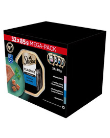 SHEBA Classic in Pate Ocean Selection mix rybích příchutí ve formě paštiky bílá ryba, treska, losos a tuňák 32x85g