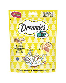 DREAMIES Mix 200g Doplňkové krmivo s příchutí vánočního krůty a lososa pro dospělé kočky a koťata starší 8 týdnů.