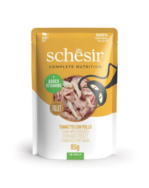 SCHESIR Tuňák s kuřecími filety v želé pro kočky 85 g