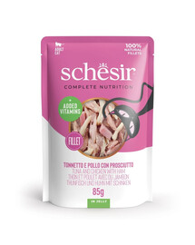 SCHESIR Jelly Adult Tuna&Chicken&Ham Tuňák a kuře se šunkou v želé pro kočky 85 g