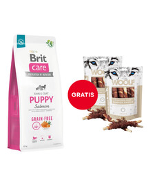 BRIT Care Grain-free Puppy krmivo s lososem 12 kg + WOOLF Chicken And Rawhide Twister 2 x 100 g sušená kůže obalená kuřecím masem ZDARMA