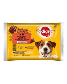 PEDIGREE Adult Selection of Flavours v želé 4x100g krmivo pro dospělé psy s kousky bohatými na kuřecí maso a směs jehněčího masa a jater