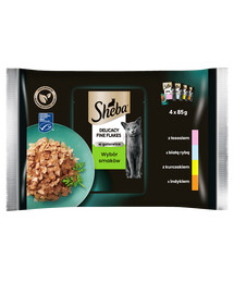 SHEBA Jemné vločky v želé pro kočky (bílá ryba, losos, krůta, kuře) 4x85g