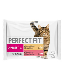 Perfect Fit Cat Adult Beef and Chicken 4x85g - krmivo pro kočky v omáčce z hovězího masa s mrkví a kuřecího masa s hráškem 340g