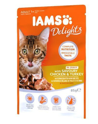 IAMS Cat Adult All Breeds kuře a krůta v omáčce 85 g