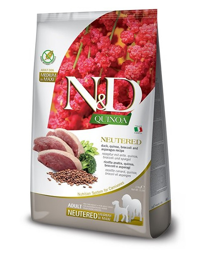 N&D Quinoa Dog Kastrovaný dospělý střední a Maxi kachna, brokolice a chřest 12 kg