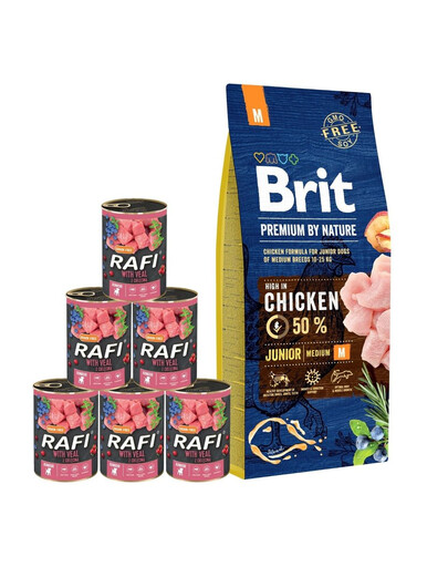 BRIT Premium By Nature Junior Medium M 15 kg + Telecí konzervy 6x400 g