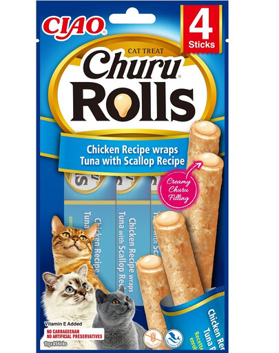 INABA Churu Rolls Chicken 4x10g wrap s kuřecím masem, tuňákem a mušlemi pro kočky