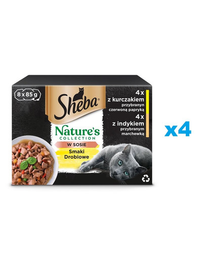 SHEBA Nature's Collection Drůbeží příchutě v omáčce s kuřecím masem, červenou paprikou, s krůtím masem a mrkví 32x85g