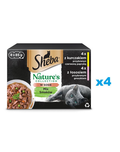 SHEBA Nature's Collection Směs chutí v omáčce s kuřecím masem zdobeným červenou paprikou, s lososem zdobeným hráškem 32x85g