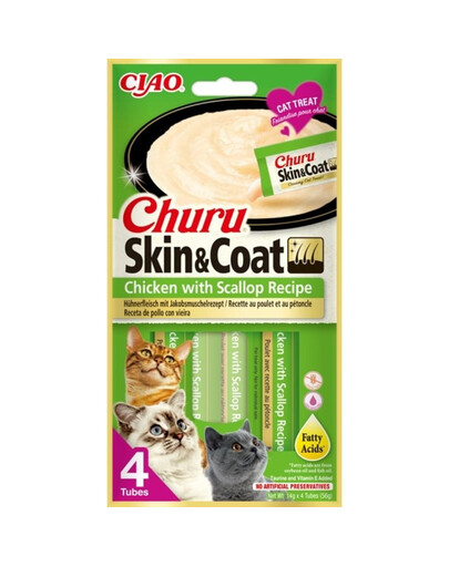 INABA Churu Skin&Coat 4x14g s kuřecím masem a hřebenatkou pro kočky