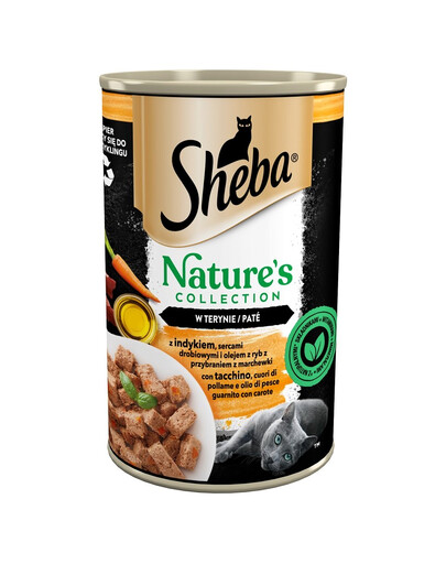SHEBA konzerva 400 g Nature's Collection s krůtím masem, kuřecími srdíčky a rybím olejem s mrkvovou oblohou v terině