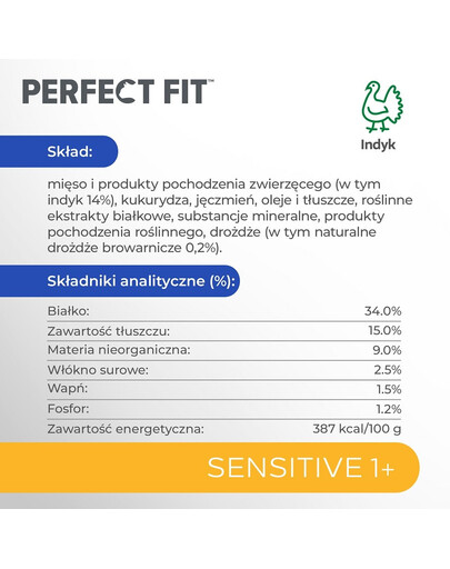 PERFECT FIT Sensitive 1+ Kompletní suché krmivo s vysokým obsahem krůty 7 kg pro dospělé kočky s citlivou stravou