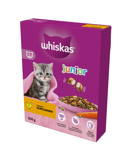 WHISKAS Junior 300 g kompletní suché krmivo s lahodným kuřecím masem pro koťata