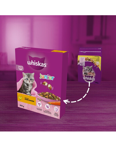 WHISKAS Junior 300 g kompletní suché krmivo s lahodným kuřecím masem pro koťata