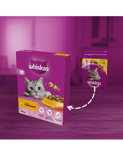 WHISKAS Adult 300 g Kompletní suché krmivo s lahodným kuřecím masem pro dospělé kočky