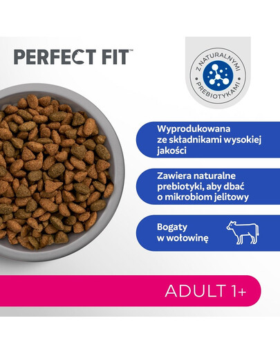 PERFECT FIT Adult 1+ Kompletní suché krmivo s vysokým obsahem hovězího masa pro dospělé kočky o hmotnosti 7 kg