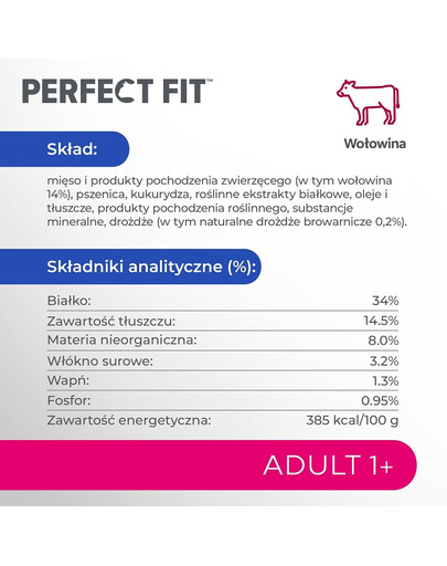 PERFECT FIT Adult 1+ Kompletní suché krmivo s vysokým obsahem hovězího masa pro dospělé kočky o hmotnosti 7 kg