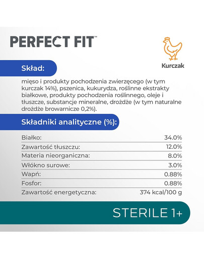 PERFECT FIT Sterile 1+ suchého kompletního krmiva bohatého na kuřecí maso pro dospělé sterilizované kočky 7kg