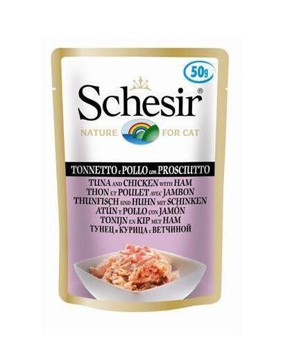 Schesir krmivo pro kočky sáček tuňák s kuřecím masem a šunkou 50 g