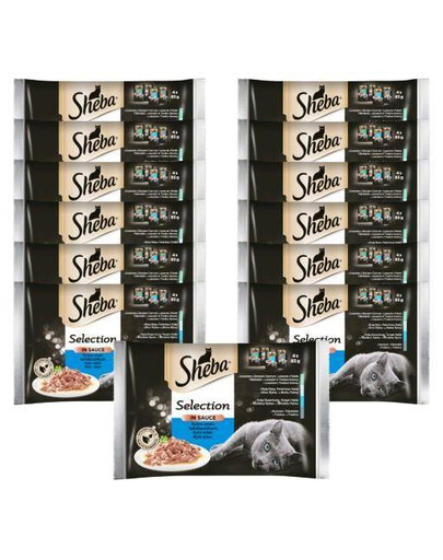 SHEBA Selection in Sauce mokré krmivo pro kočky v sáčcích s bílou rybou, losos, treska, tuňák 52x 85 g