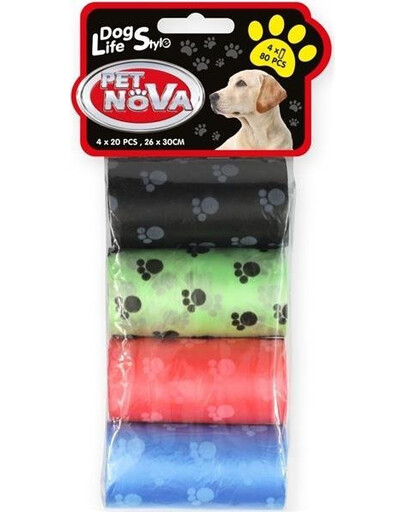 Pet Nova Dog Life Style Sáčky na psí exkrementy, 4 role x 20 ks, různé barvy s potiskem tlapek