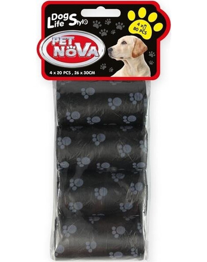 Pet Nova Dog Life Style Sáčky na psí exkrementy, 4 role x 20 ks, černé s potiskem tlapek