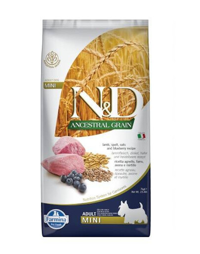 Farmina N&D Ancestral Lamb Blueberry Adult Mini 7 kg - granule pro dospělé psy malých plemen jehněčí