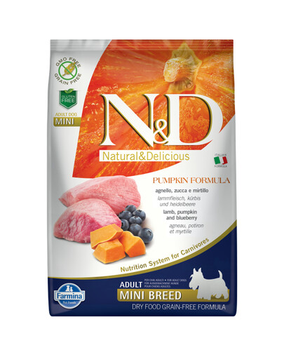 Farmina N&D Pumpkin Mini 7 kg granule pro dospělé psy malých plemen s jehněčím masem,Dýní a borůvkou.
