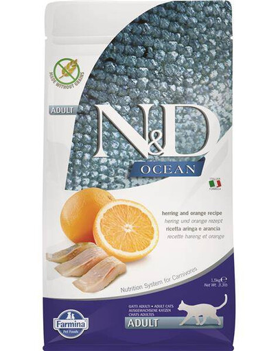 N&D Ocean Cat sleď a pomeranč granule pro dospělé kočky 1,5 kg