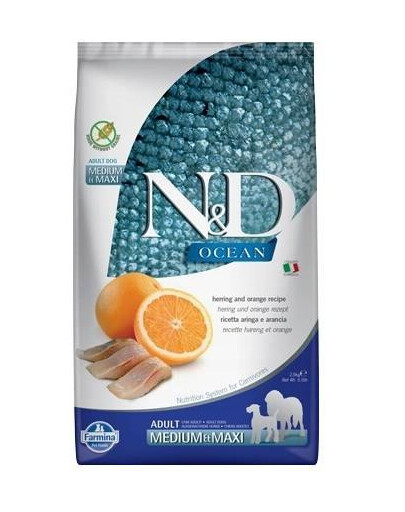 FARMINA N&D Ocean dog adult herring & orange medium & maxi  granule pro psy velkých a středních plemen sleď a pomeranč 2,5 kg