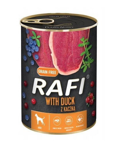 Rafi konzerva pro psy s kachnou, borůvkami a brusinkami 400g