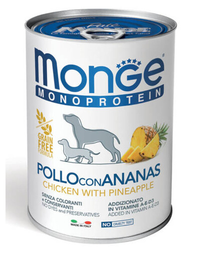 MONGE Dog Fruit Monoprotein konzerva pro psy s kuřecím masem a ananasem 400 g