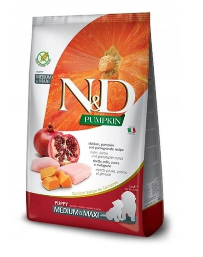 FARMINA N&D Pumpkin Dog Puppy Medium & Maxi kuře, dýně a granátové jablko granule pro štěňata, kuře, dýně a granátové jablko 2,5 kg